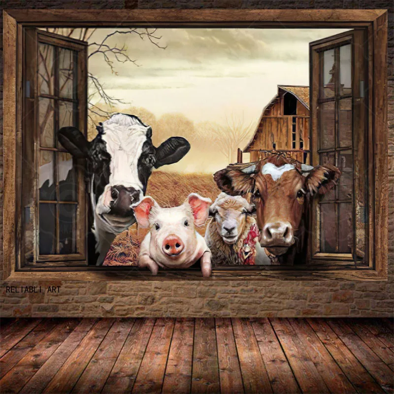 Винтажный Фермерский дом, Корова, Свинья, Лев, Настенные рисунки, Коровы у окна, плакат, картина на холсте с животными, Современный декор гостиной