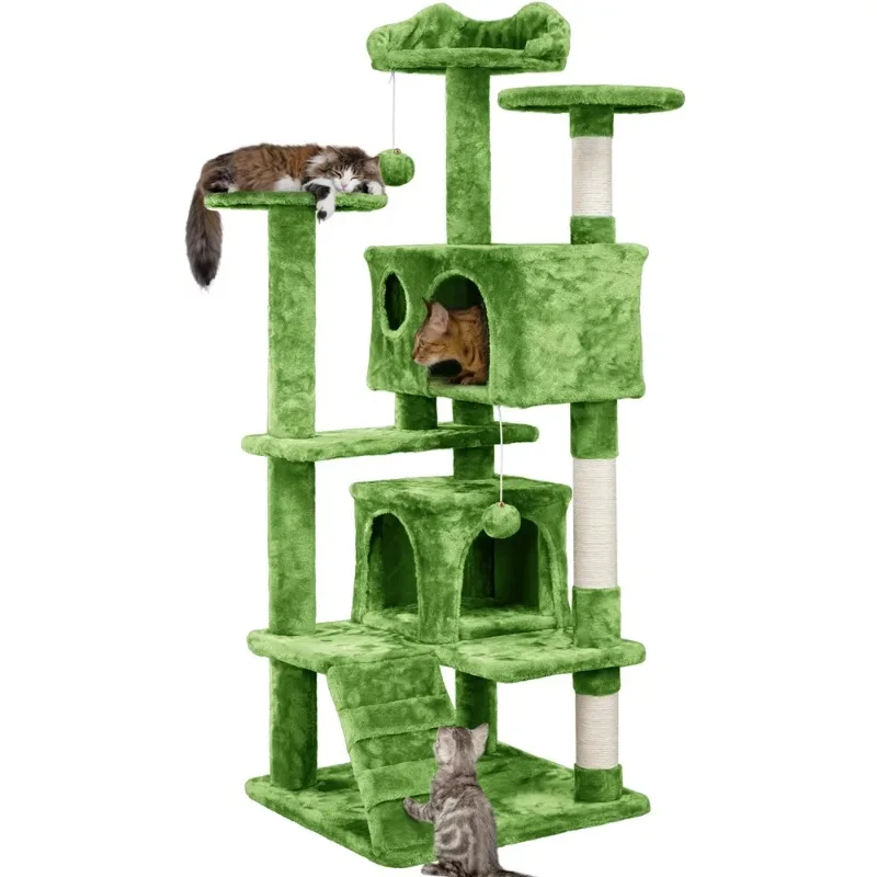Smile Mart Обитая 6-уровневая 54-дюймовая Кошачья елка с 2 квартирами, Кошачий домик, зеленый