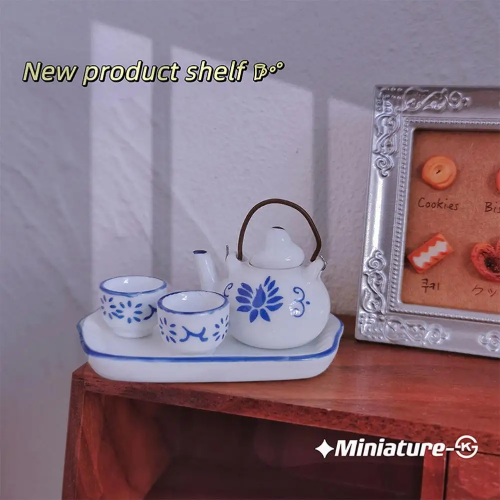 Декор для чаепития, Миниатюрный керамический чайный сервиз, украшение для кукольного домика, Блюдце, чайник, чайные чашки, фигурки, мини-имитация игры с едой