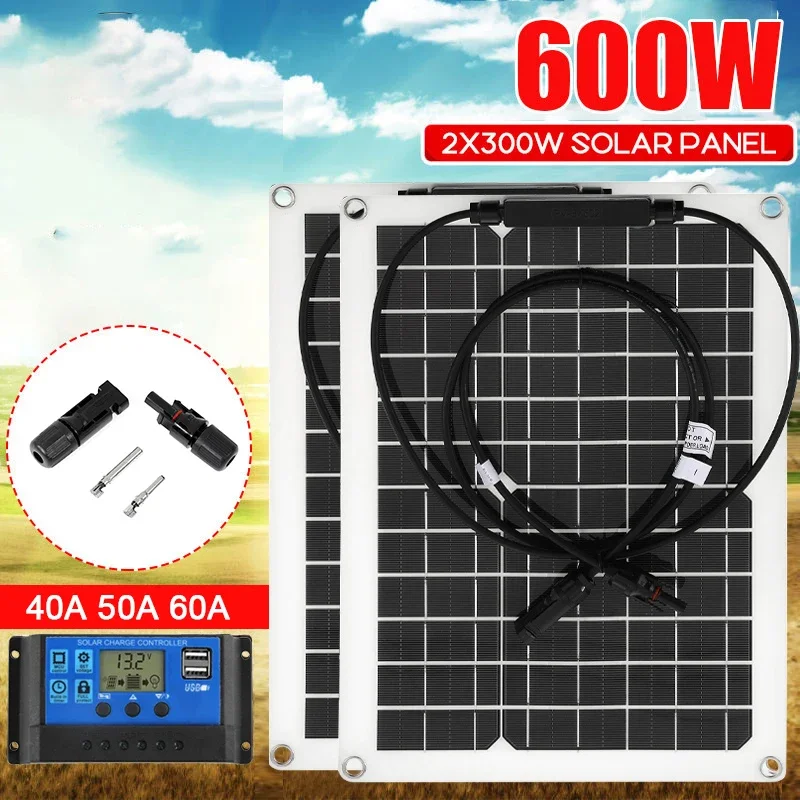 600 Вт 300 Вт Солнечная Панель 18 В Солнечная Энергия Банк Солнечных Элементов с Крышкой Разъема Солнечный Контроллер IP65 для Телефона Автомобиля RV Лодки Зарядное Устройство