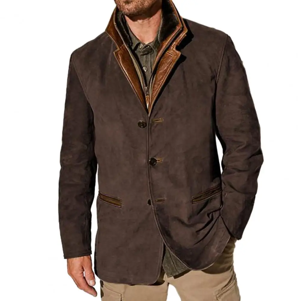 Зимне-осенняя мужская куртка в стиле ретро в стиле пэчворк, поддельный кардиган из двух частей с накладными карманами, пальто с длинным рукавом и толстым плюшевым отворотом