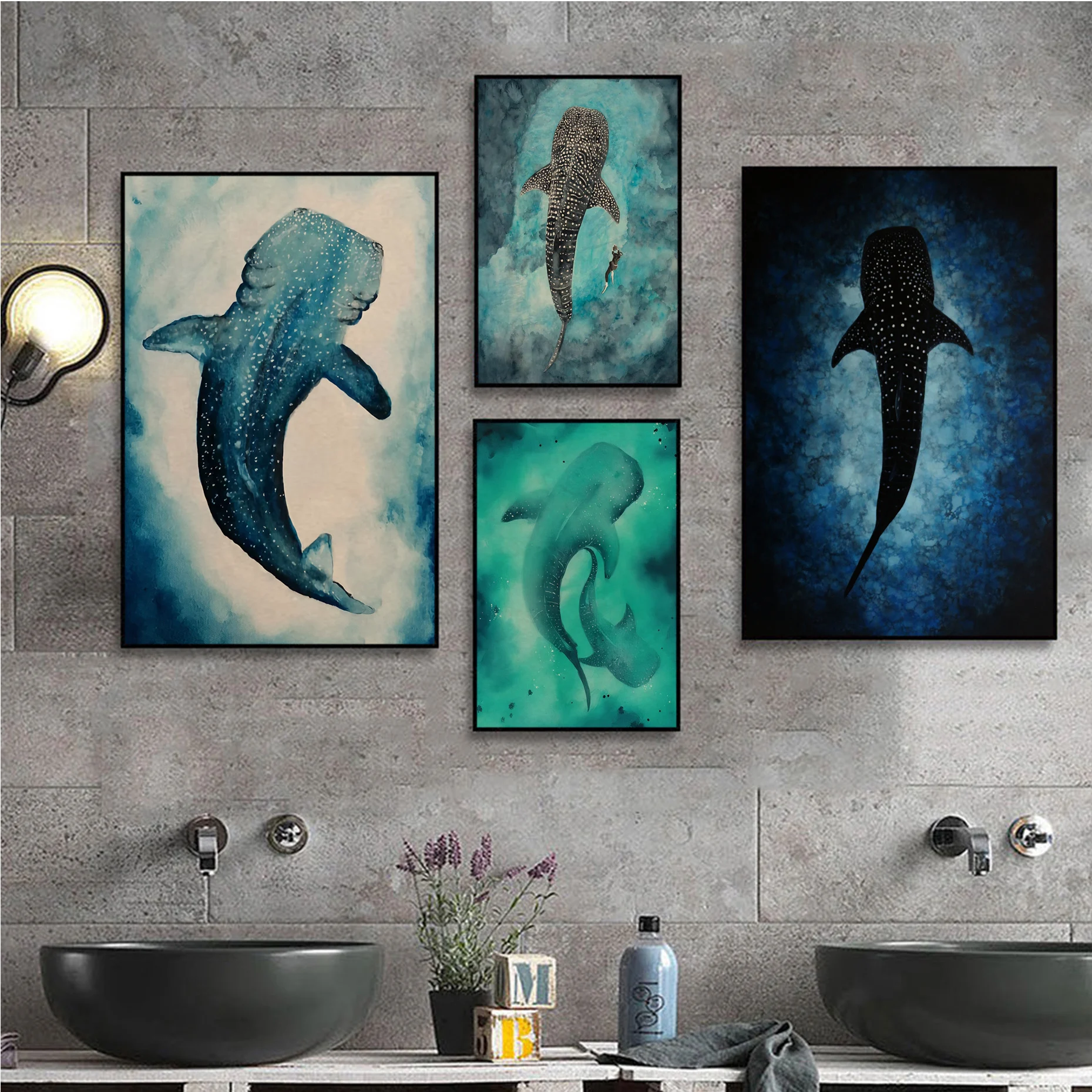 Синяя Акварель Китовая акула, морские Животные, Винтажные Плакаты, винтажный декор для бара, кафе, скандинавский домашний Декор