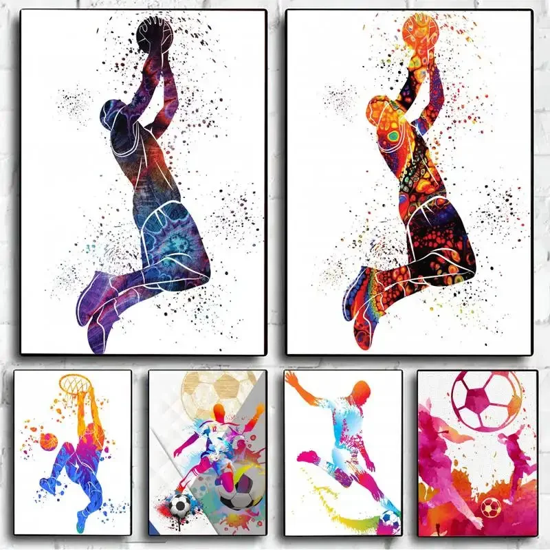 Футбол Баскетбол Акварельные Плакаты С Людьми Из Крафт-бумаги Винтажная Настенная Живопись Исследование Эстетического Искусства Наклейки На Стены Небольшого Размера