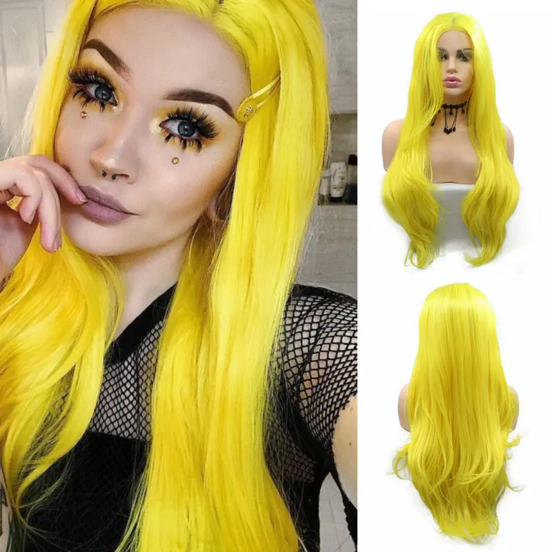 Ярко-желтые синтетические парики на кружеве Sylvia для женщин, длинные натуральные Волнистые парики из лимонно-желтого волокна трансвестита, Парик из термостойкого волокна