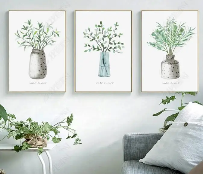 Ботанические Зеленые растения Ваза Плакат Холст Картина Скандинавские Современные настенные панно для гостиной Украшения дома