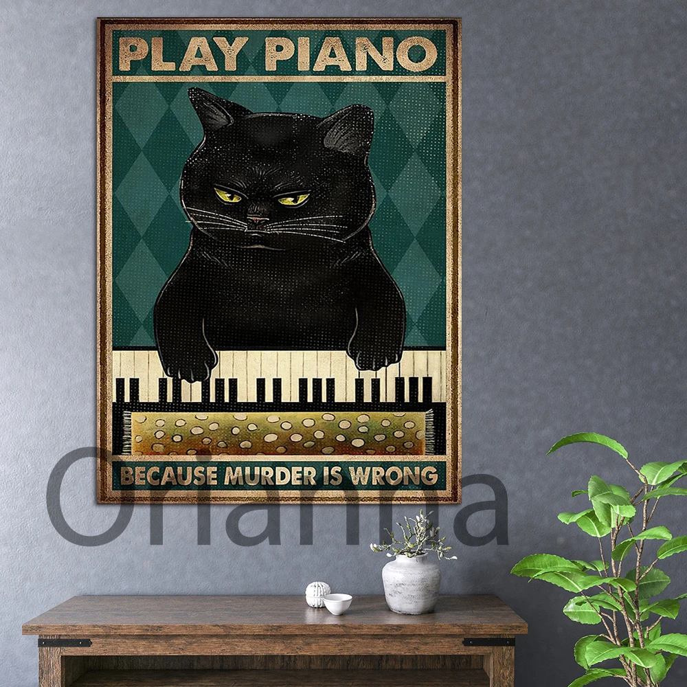 Черный кот Играет на пианино Винтаж Я играю на пианино, потому что Убийство-это неправильно Холст Плакат Современный Домашний декор HD Печать Живопись Настенное искусство