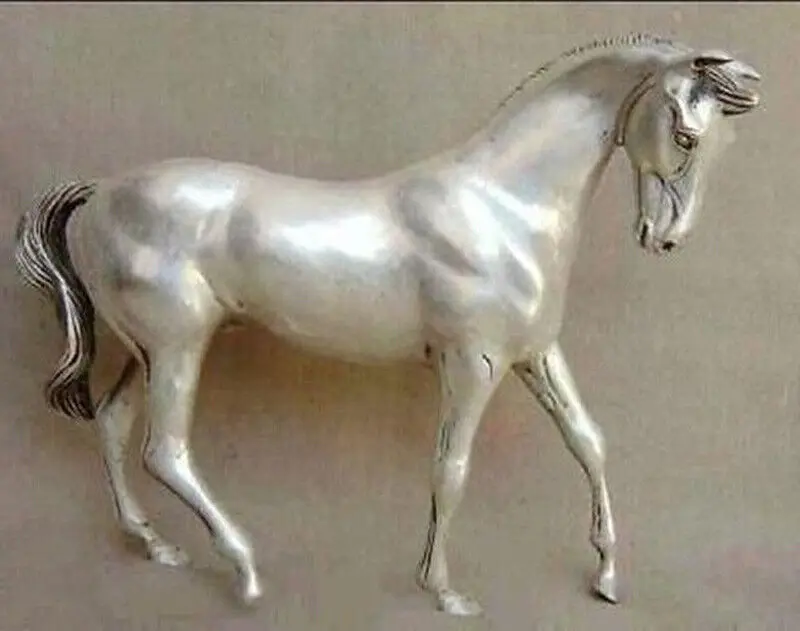 Антиквариат, старинная статуя Тибетского серебряного коня, Плавное плавание ~ Желаю Вам богатства 25 см