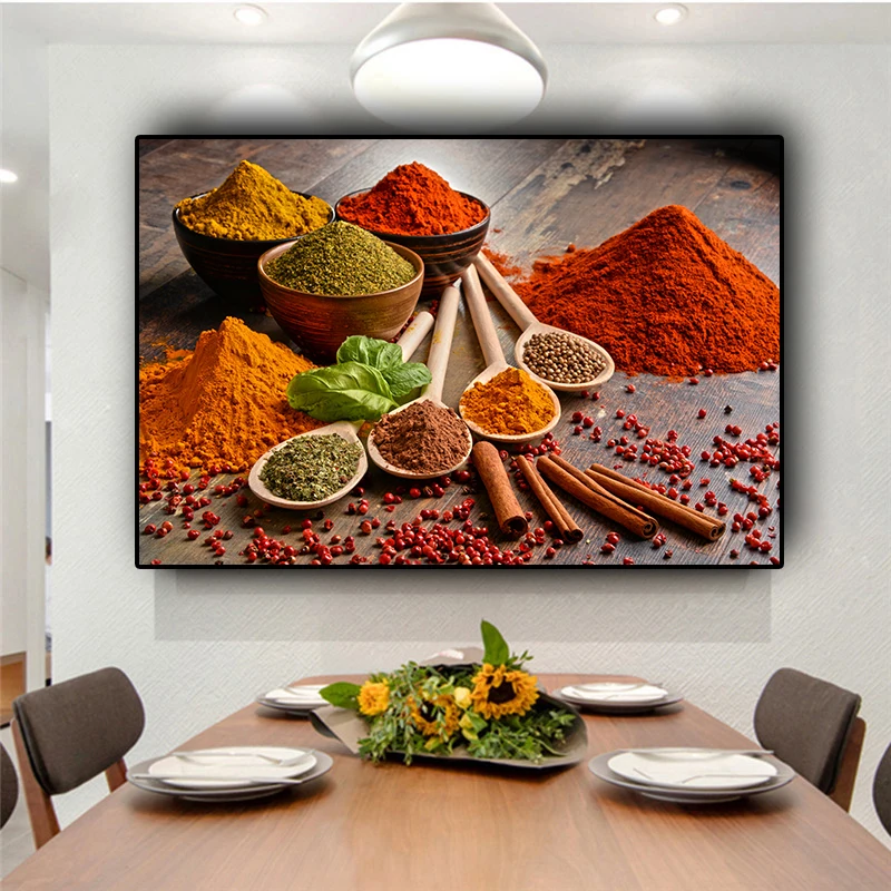 Разноцветные зерна, Ложка для специй, Кухонная картина на холсте, Скандинавские плакаты и принты Cuadros, Настенное искусство, Изображение еды в гостиной
