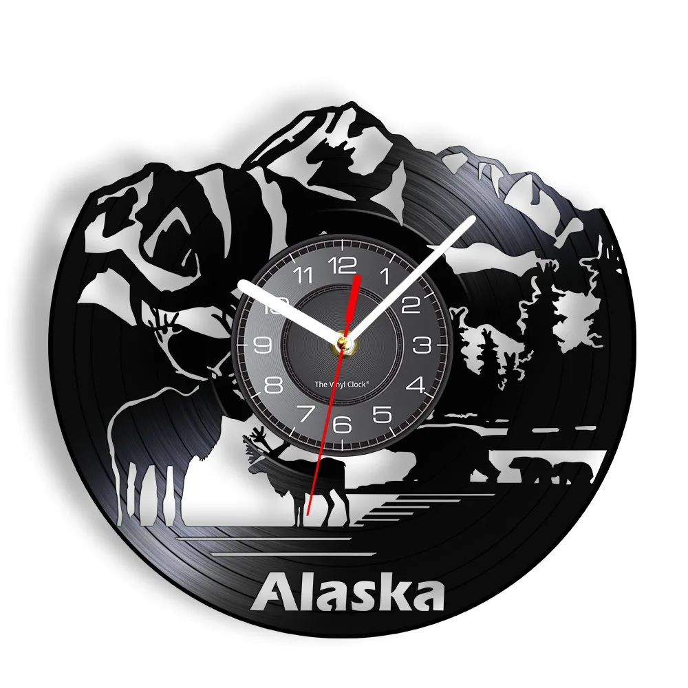 Настенные часы с изображением ледника Аляски, США, Денали, снежные горы и олени, декор для дикой природы, виниловая пластинка для путешествий, подвесные часы