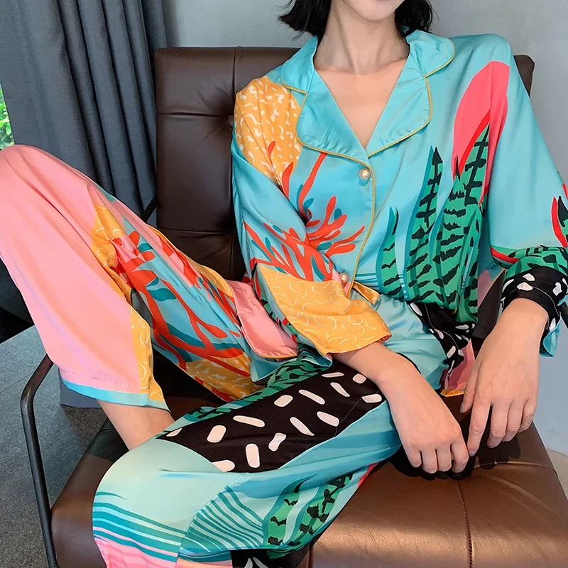 Женский пижамный комплект Рисованное искусство Тропические растения Пижама Шелковая пижама Шорты Домашняя одежда Одежда для сна Домашняя одежда
