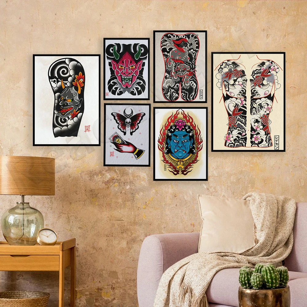 Мертвый мотылек и карты Таро, японская маска праджня с коротким рукавом, татуировка карааге на спине, традиционный тату-плакат, тату-подарок