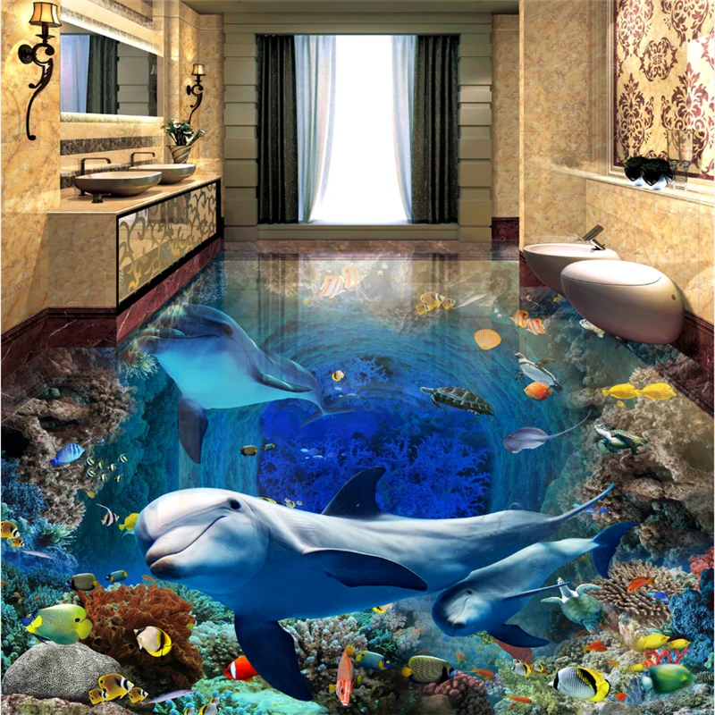 wellyu Custom floor painting подводный мир дельфин мать и дитя любят глубокую 3D роспись пола напольная плитка papel de pared