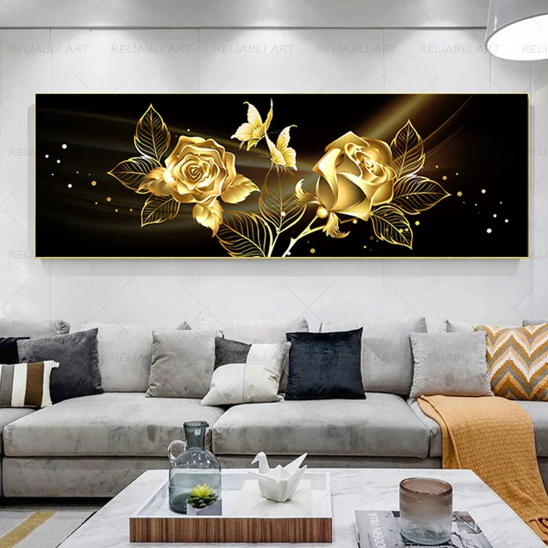 Современный светлый Роскошный плакат с золотым цветком и бабочкой, напечатанный на холсте, Декоративная живопись, Фон для стен семейной комнаты