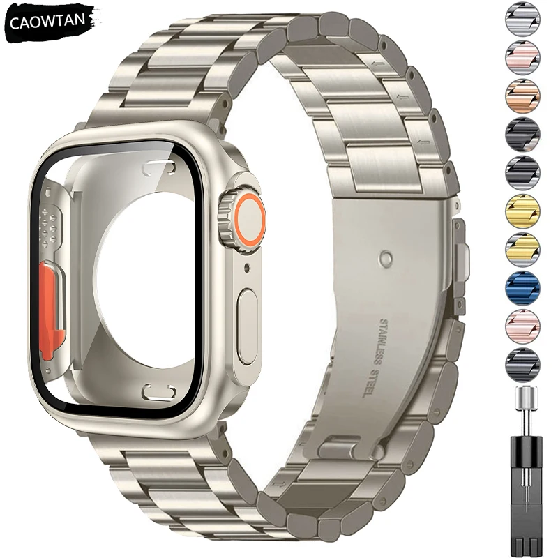 Ремешок из нержавеющей стали + чехол для Apple Watch Band 44 мм 45 мм Upgrade Ultra 49 мм PC Cover Correa Iwatch Series 8 7 6 SE 5 4 Браслет