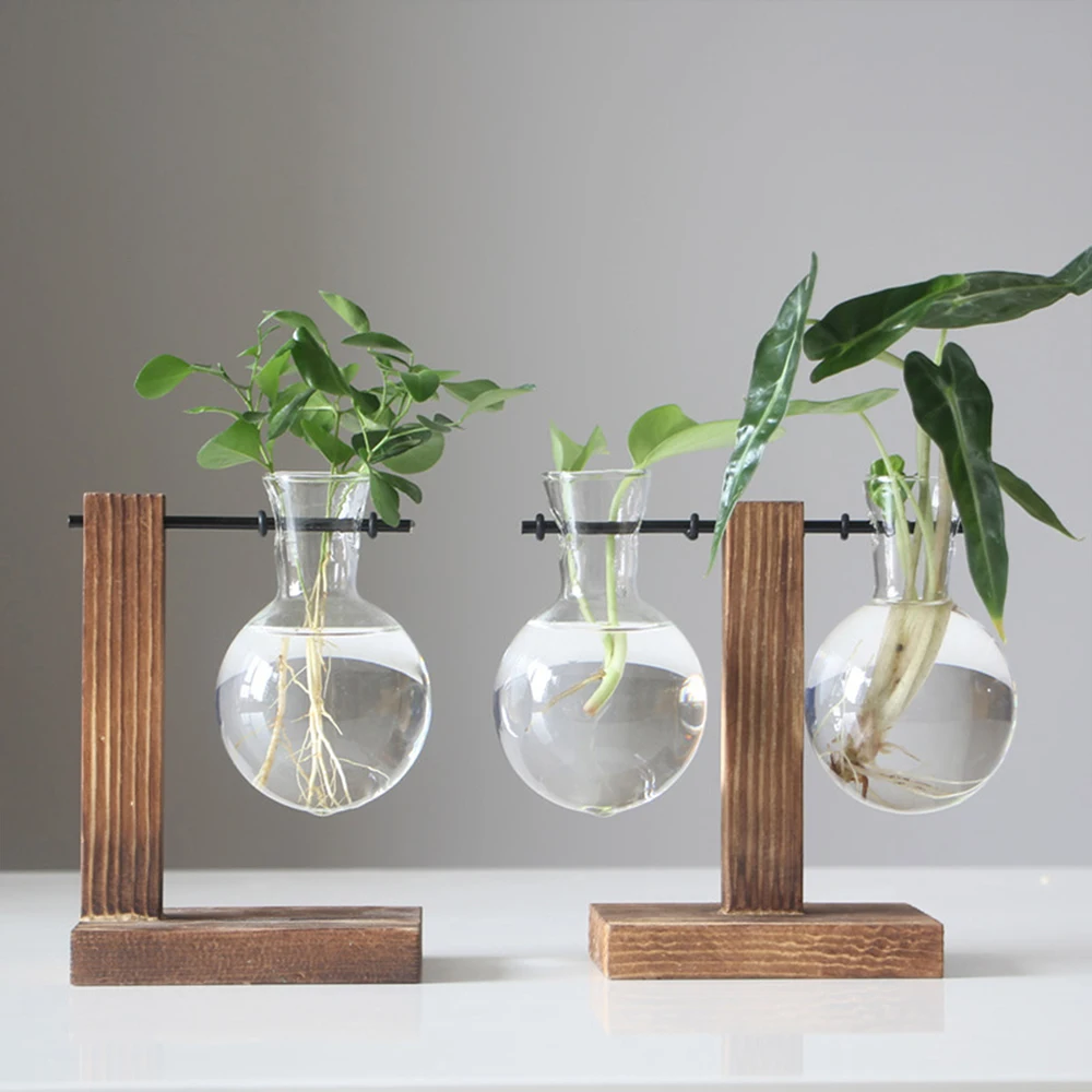 Прозрачная ваза с лампочкой на деревянной подставке, Стеклянное настольное кашпо для гидропонных растений, контейнер для декора столешницы в кофейне
