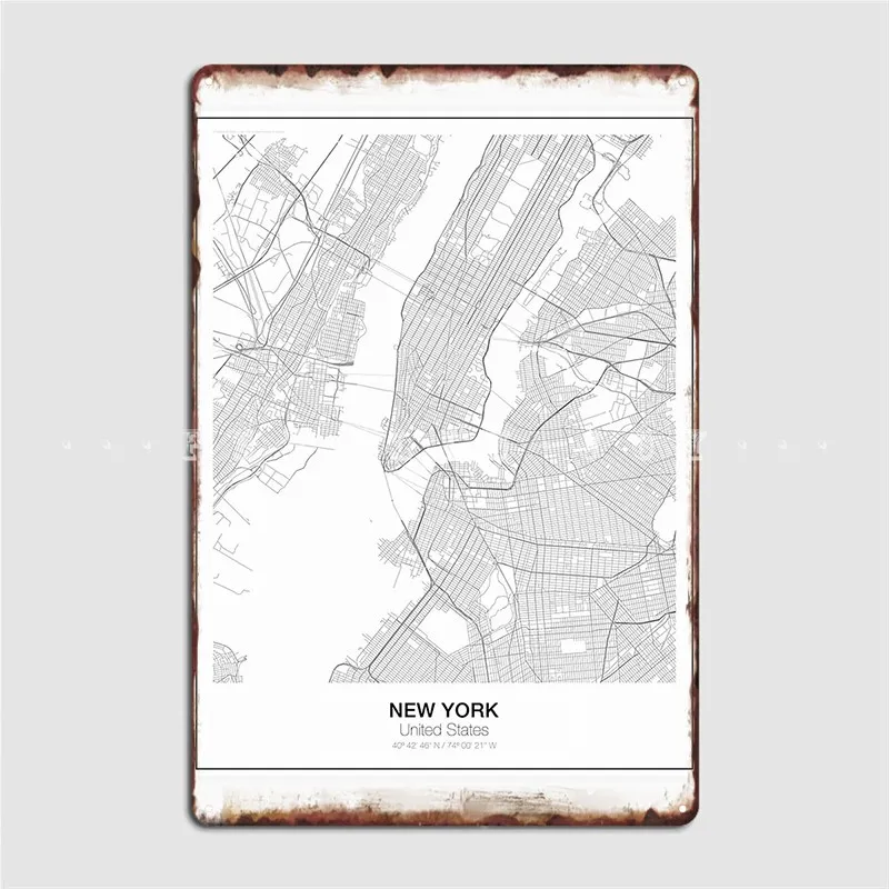 Минималистичная Карта Нью-Йорка, Металлическая табличка, Плакат, стена, Пещера, паб, Гараж, Забавный плакат, Жестяная вывеска, Плакат